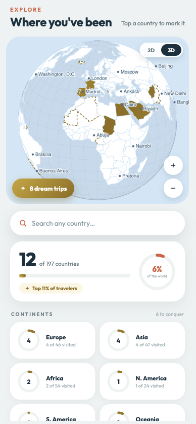 Milestone Passport app showing a scratch-off world map with visited countries in gold and travel statistics