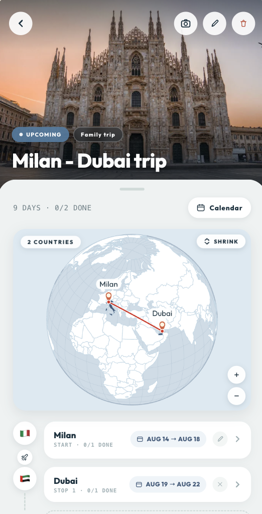 TravelKit app showing a Milan to Dubai trip itinerary with map route and destination cards